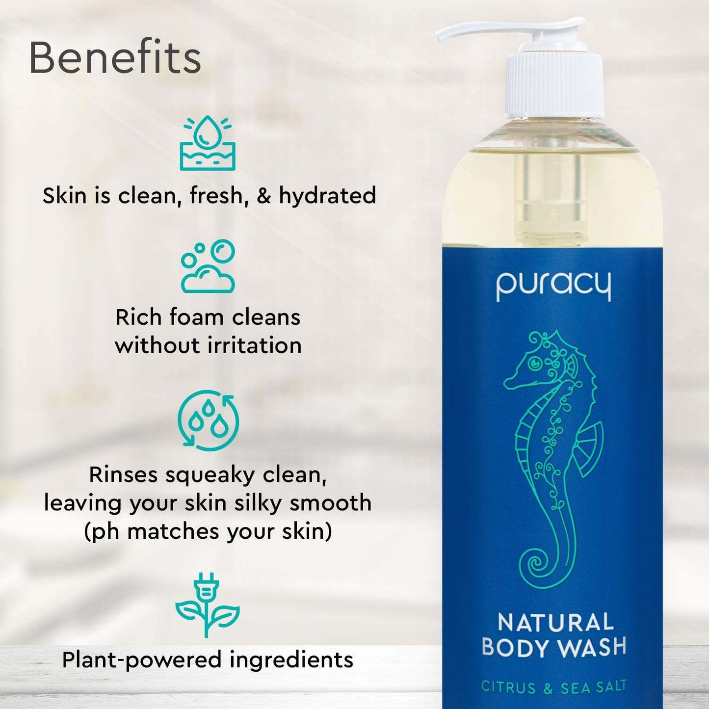 Puracy Body Wash, Citrus & Sea Salt, Natural Bath & Shower Gel for Men and Women, 16 Ounce