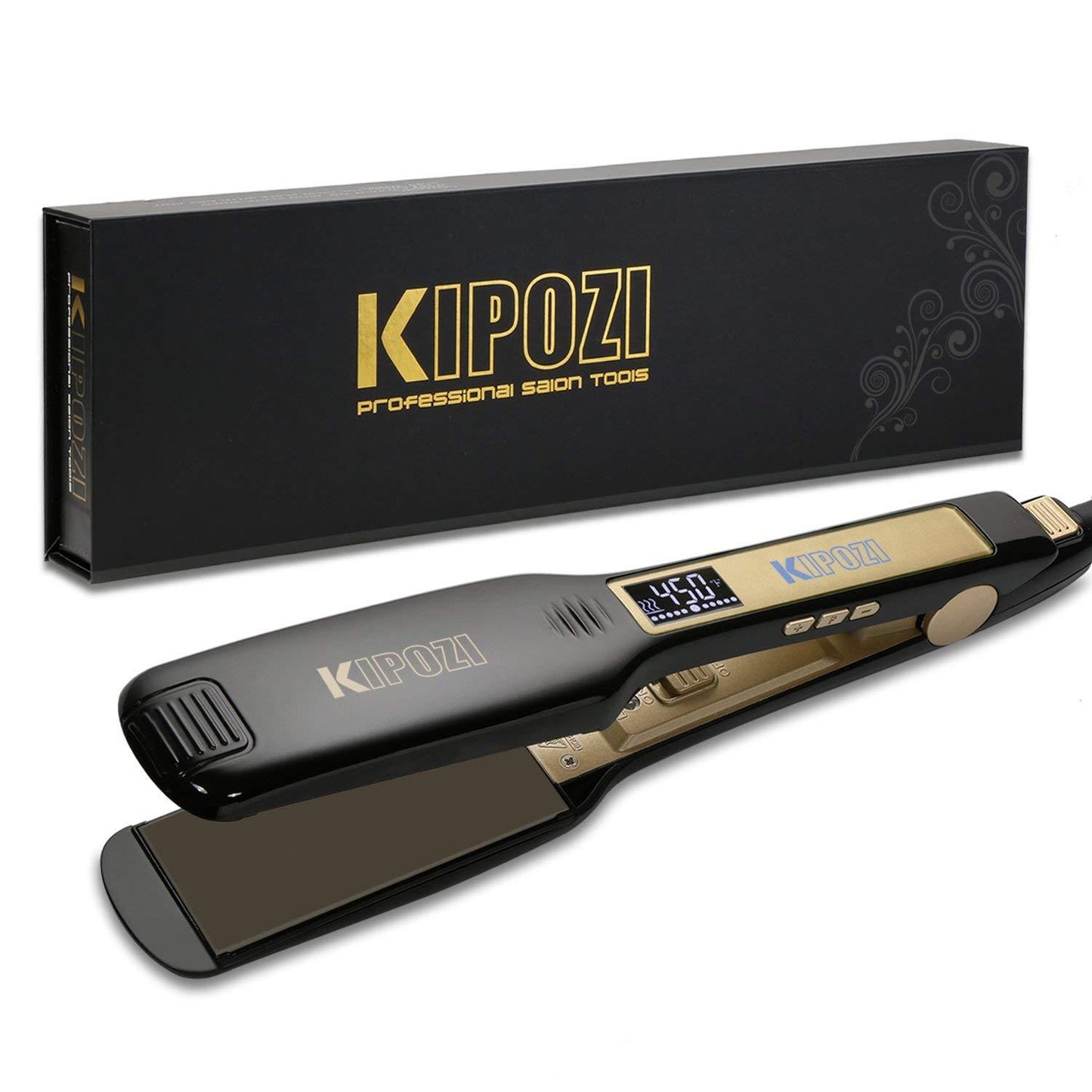 KIPOZI Professional Titanium Flat Iron Hair Straightener with Digital LCD Display Dual Voltage Instant Heat Up1.75 inch (Wide Black) K-139