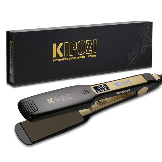 KIPOZI Professional Titanium Flat Iron Hair Straightener with Digital LCD Display Dual Voltage Instant Heat Up1.75 inch (Wide Black) K-139