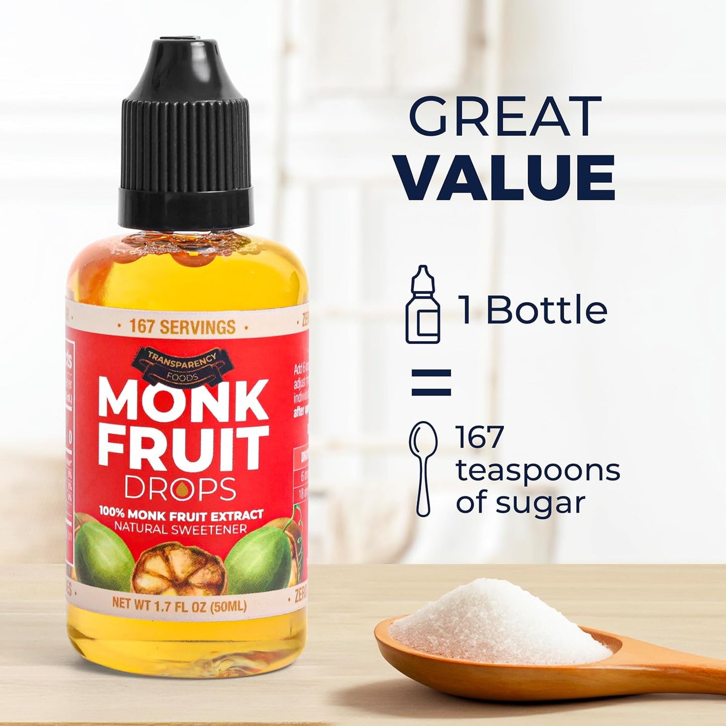Monk Fruit Drops 100% Monk Fruit Extract Natural Sweetener, 50 ml / 1.7 oz.