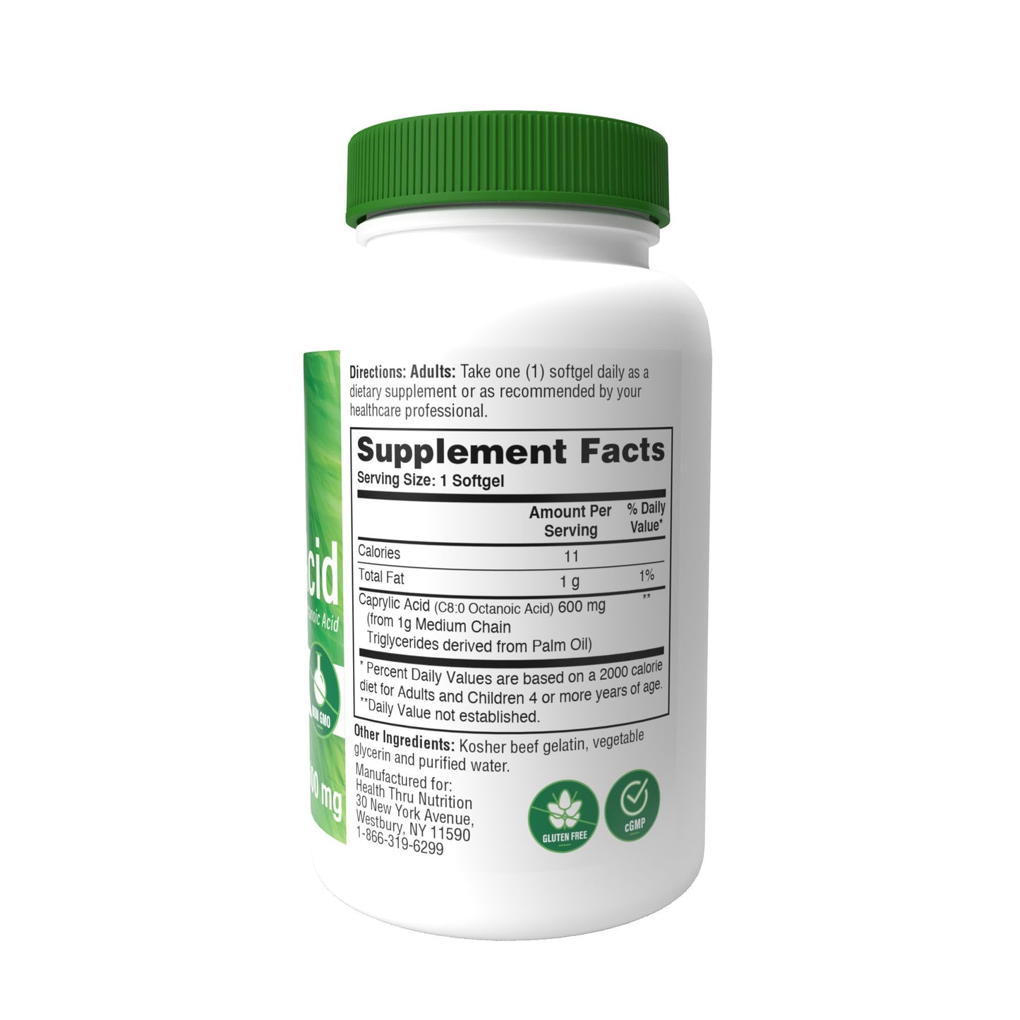 Health Thru Nutrition Caprylic Acid C8:0 Octanoic Acid from 1g Medium Chain Triglycerides 600mg (NON-GMO) 200 Softgels