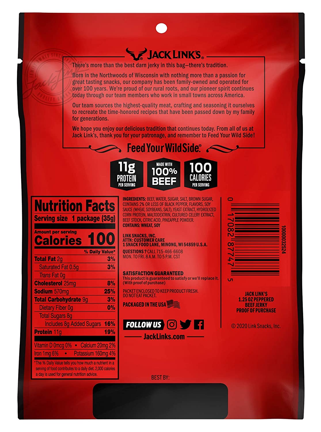 Jack Link’s Beef Jerky, Peppered, 1.25 oz. / 35g (1 Pack Only), Made with 100% Beef - 94% Fat Free