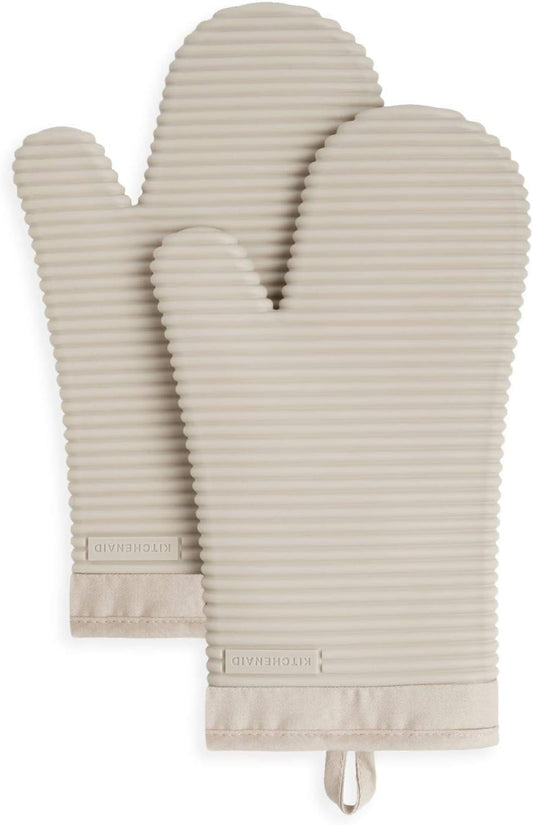 KitchenAid Ribbed Soft Silicone Oven Mitt Set, 7.5 X 13, Milkshake Tan 2 Pack