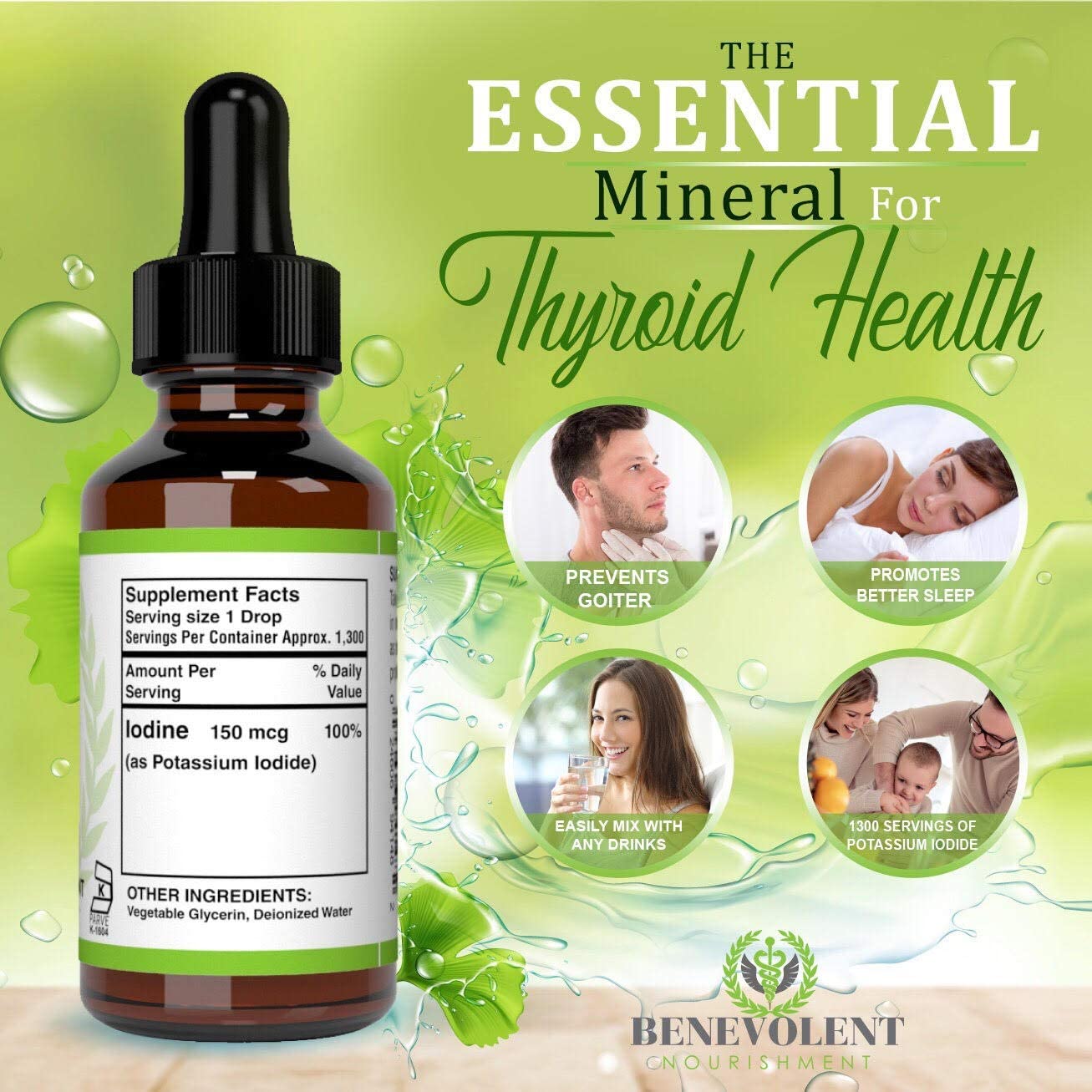 Benevolent Nourishment Liquid Iodine Potassium Drops - 1300 Servings | Large 2oz Bottle | Great Taste | 2X Absorption | Just One (1) Drop a Day for Fast, Potent Thyroid Support - Potassium Iodide. Alcohol and Gluten Free