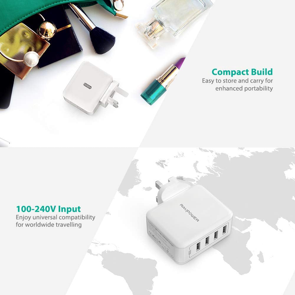 Wall Charger, 40W 8A 4-Port USB Plug Charger (White)