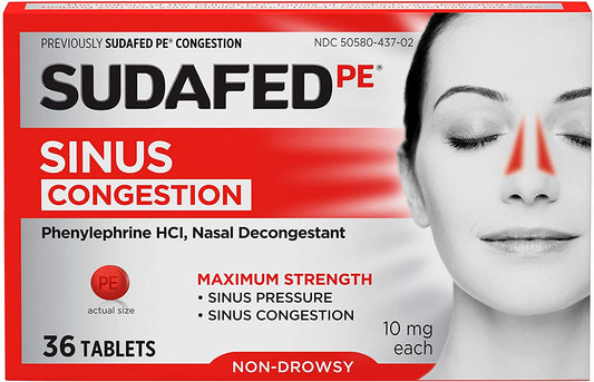 Sudafed PE Sinus Congestion Maximum Strength Nasal Decongestant 10mg, 36 Tablets