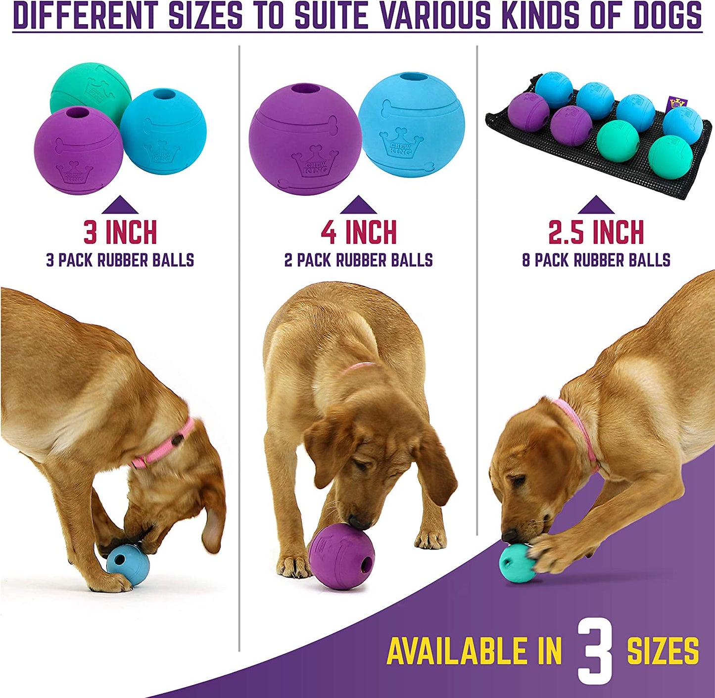 Chew King Fetch Rubber Balls for Pets Blue and Violet Large 40-75 lbs,  2 Count