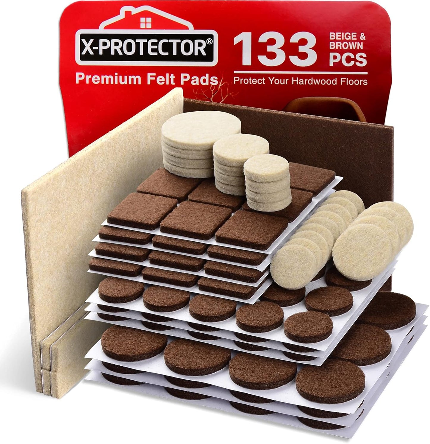 X - PROTECTOR Premium Felt Furniture Pads Brown and Beige, 133 Pieces