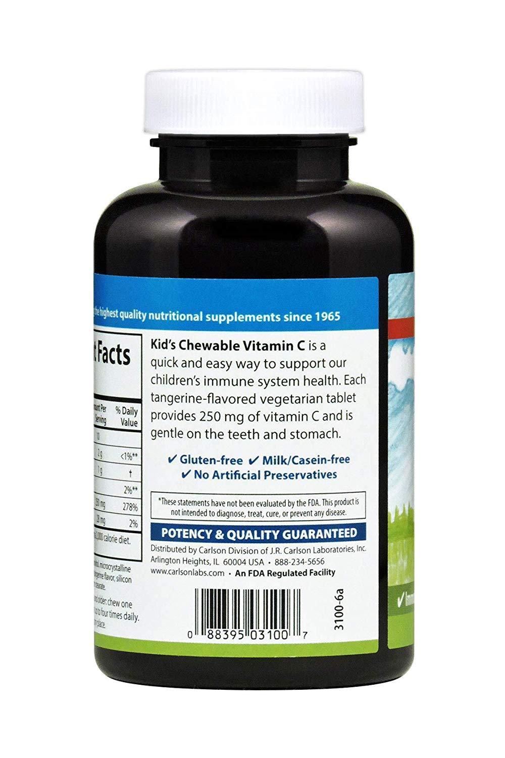 Carlson Kid's Chewable Vitamin C, 250 mg Natural Tangerine Flavor 60 Vegetarian Tablets Immune Support