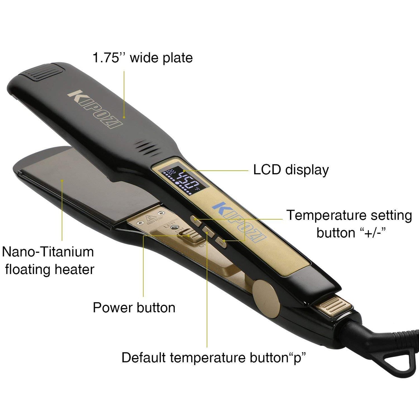 KIPOZI Professional Titanium Flat Iron Hair Straightener with Digital LCD Display Dual Voltage Instant Heat Up1.75 inch (Wide Black) K-139