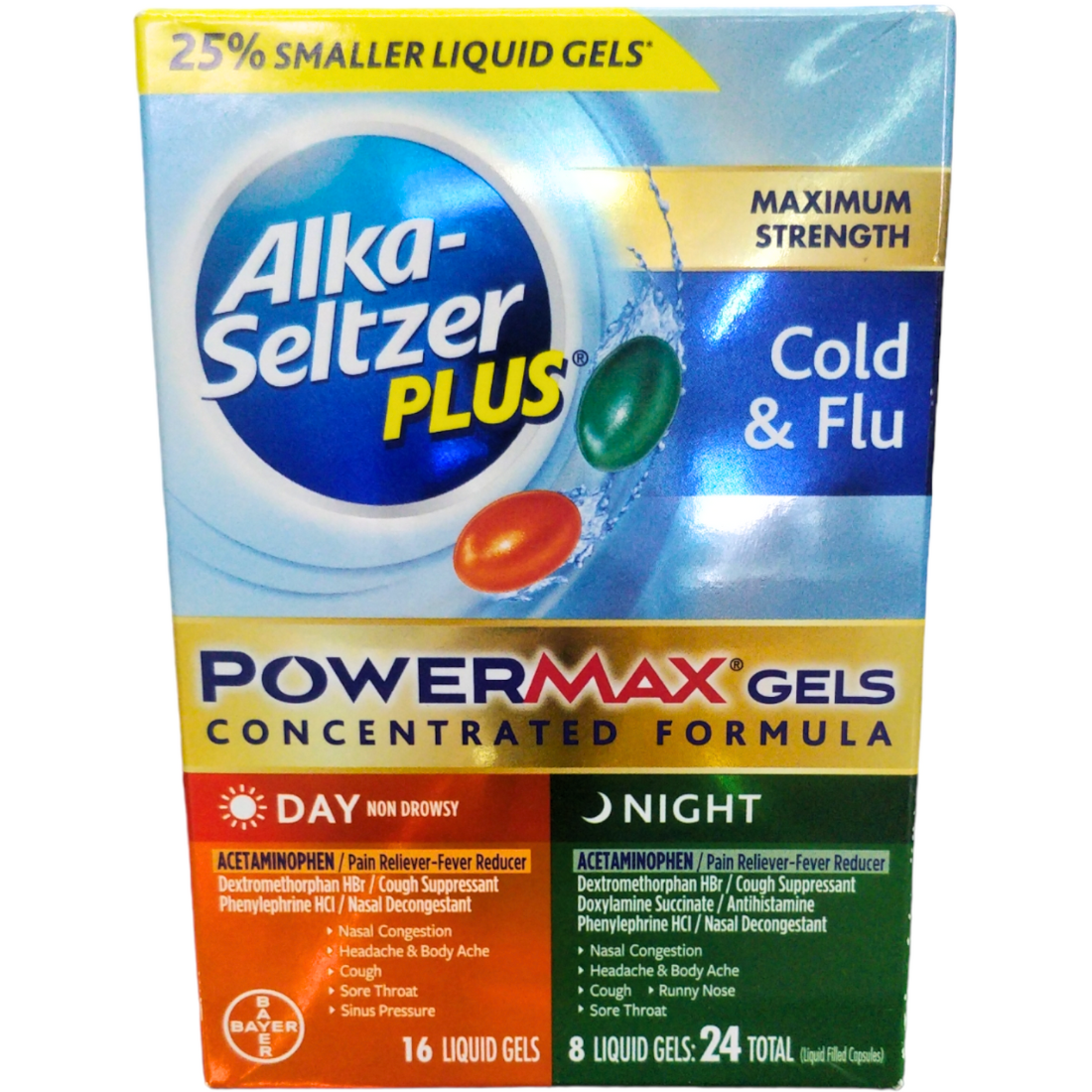Alka-Seltzer Plus Cold & Flu PowerMax Gels Day And Night Liquid Gels 24 Count