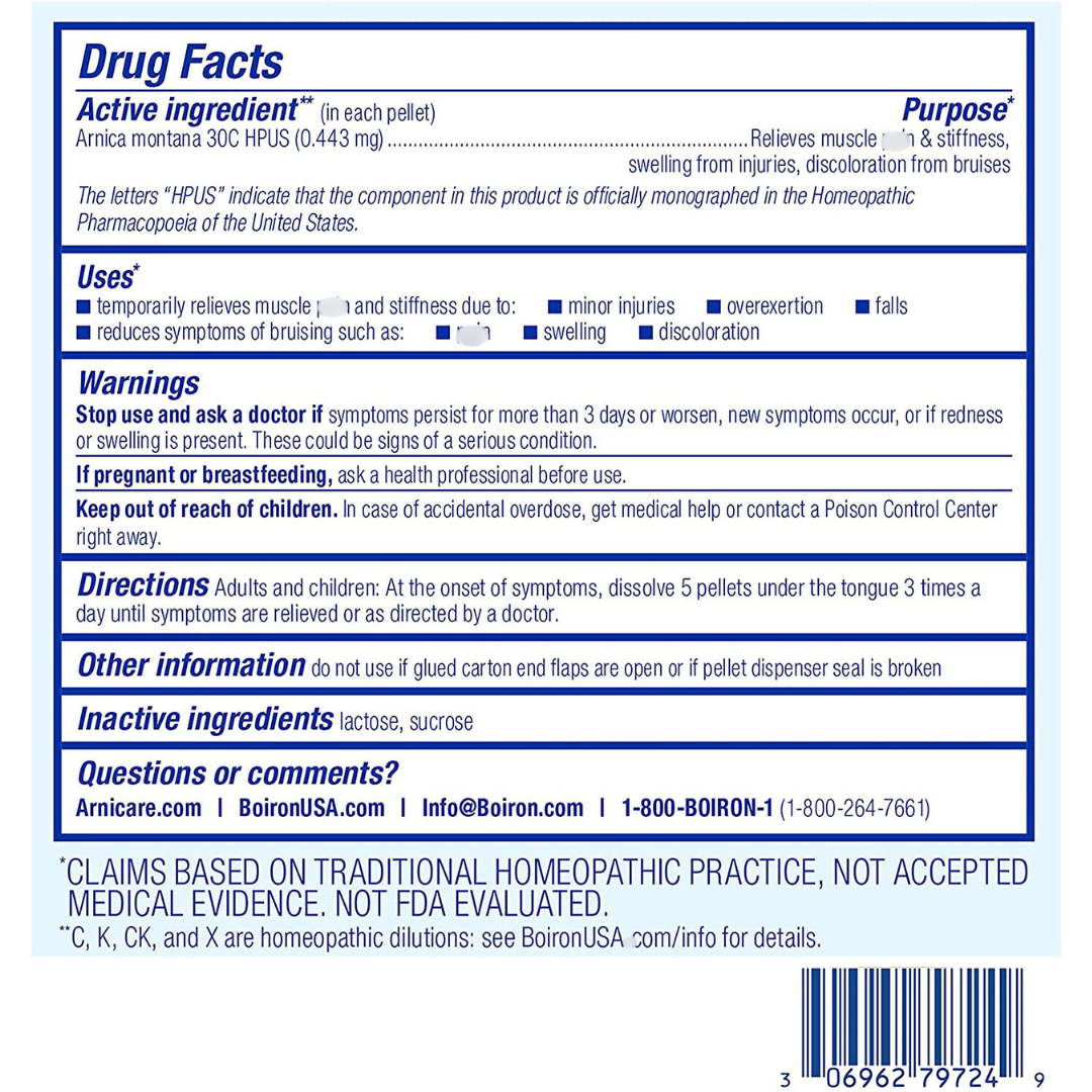 Boiron Arnica Montana 30C Meltaway Pellets Homeopathic Medicine Relief, 3 Tubes Approx. 80 Pellets per tube (Packaging May Vary)