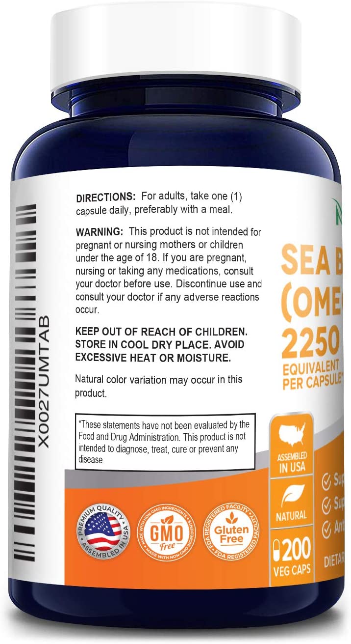 NusaPure Sea Buckthorn Omega-7, Healthy Digestion, Antioxidant,Dietary Supplement 2250mg 200vegacaps