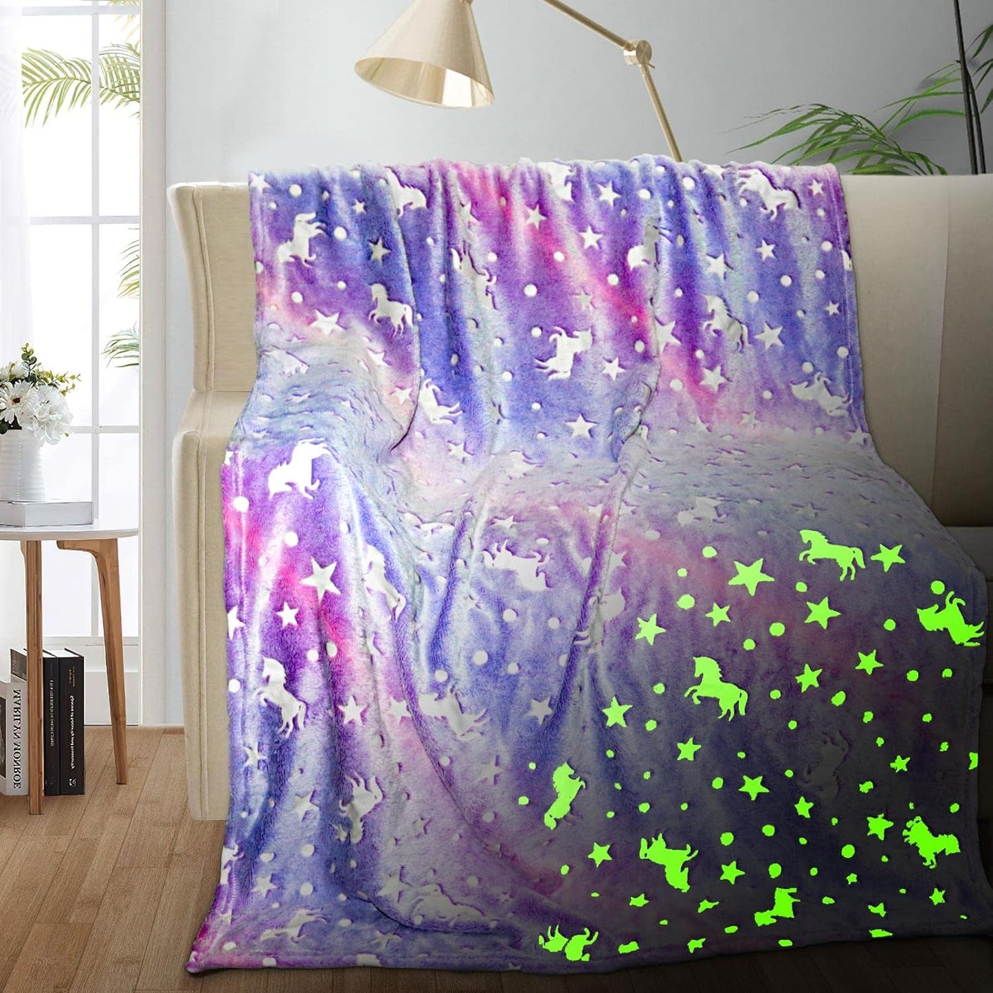 Unicorn Glow In The Dark Blanket For Girls/Kids Age 3-12, Soft Fleece Throw, 40 X 60
