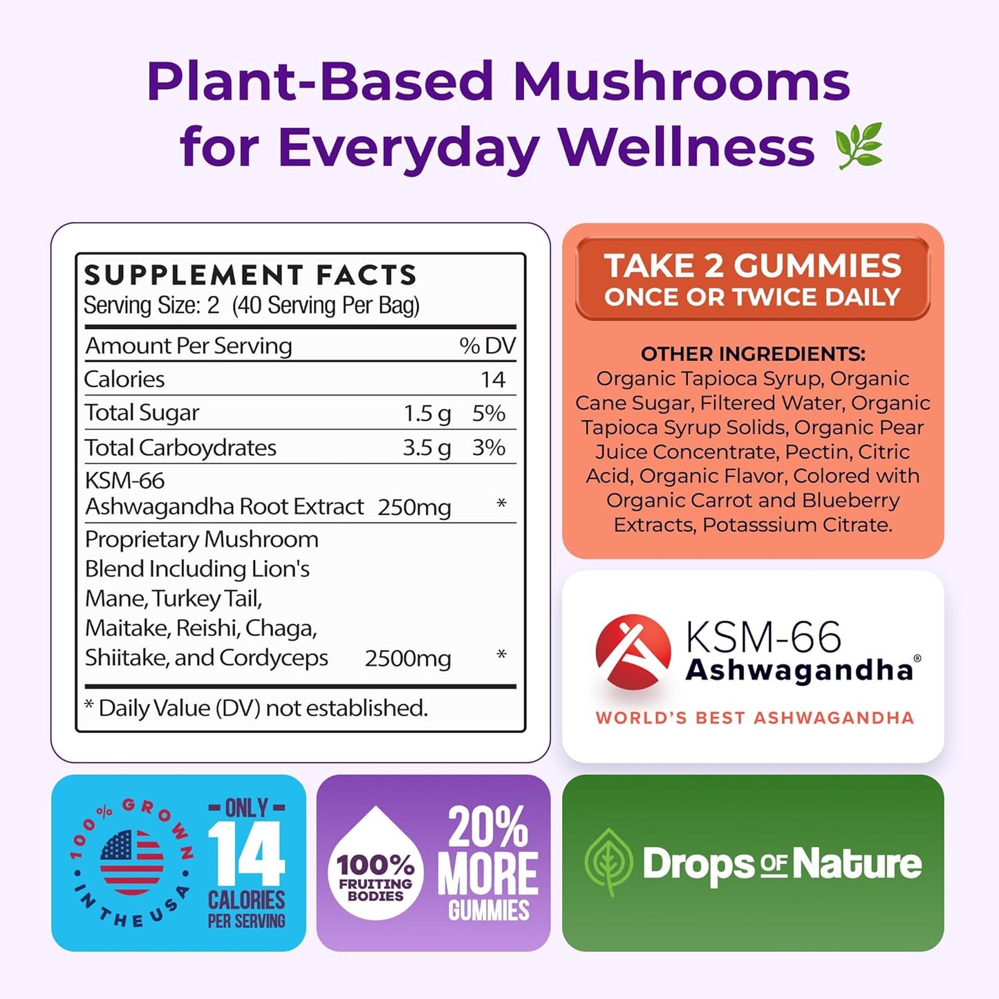 Drops of Nature Organic & Functional Mushroom Gummies with KSM-66 Ashwaganda, 246 g / 8.7 oz