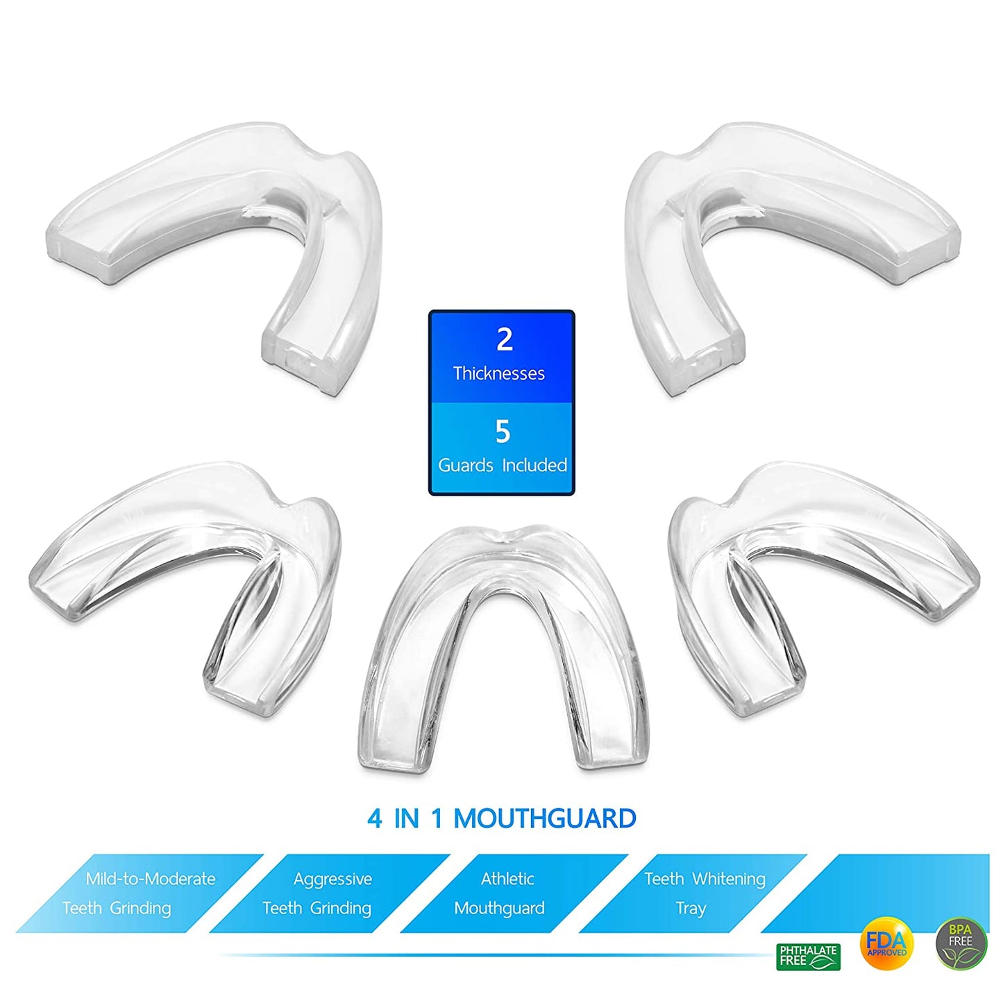 The ConfiDental Pack of 5 Moldable Mouth Guard Includes 3 Regular and 2 Heavy Duty Guard