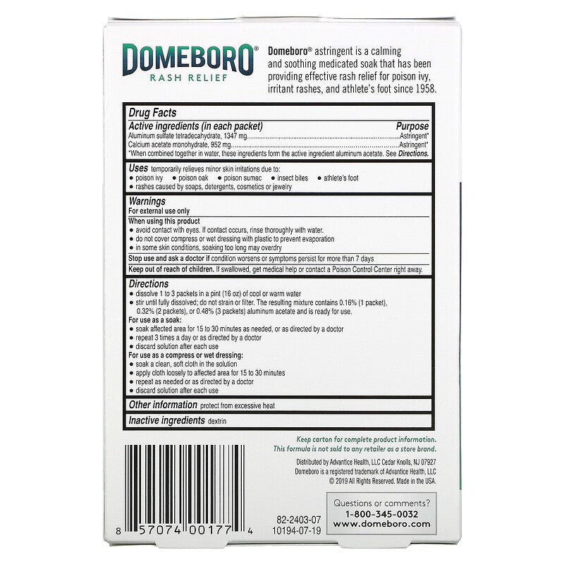 Domeboro Calming & Soothing Medicated Soak Rash Relief Plus Drying Action for Poison Ivy, Oak & Other Rashes, 12 Powder Packets (0.1 oz. / 2.7 g) Each