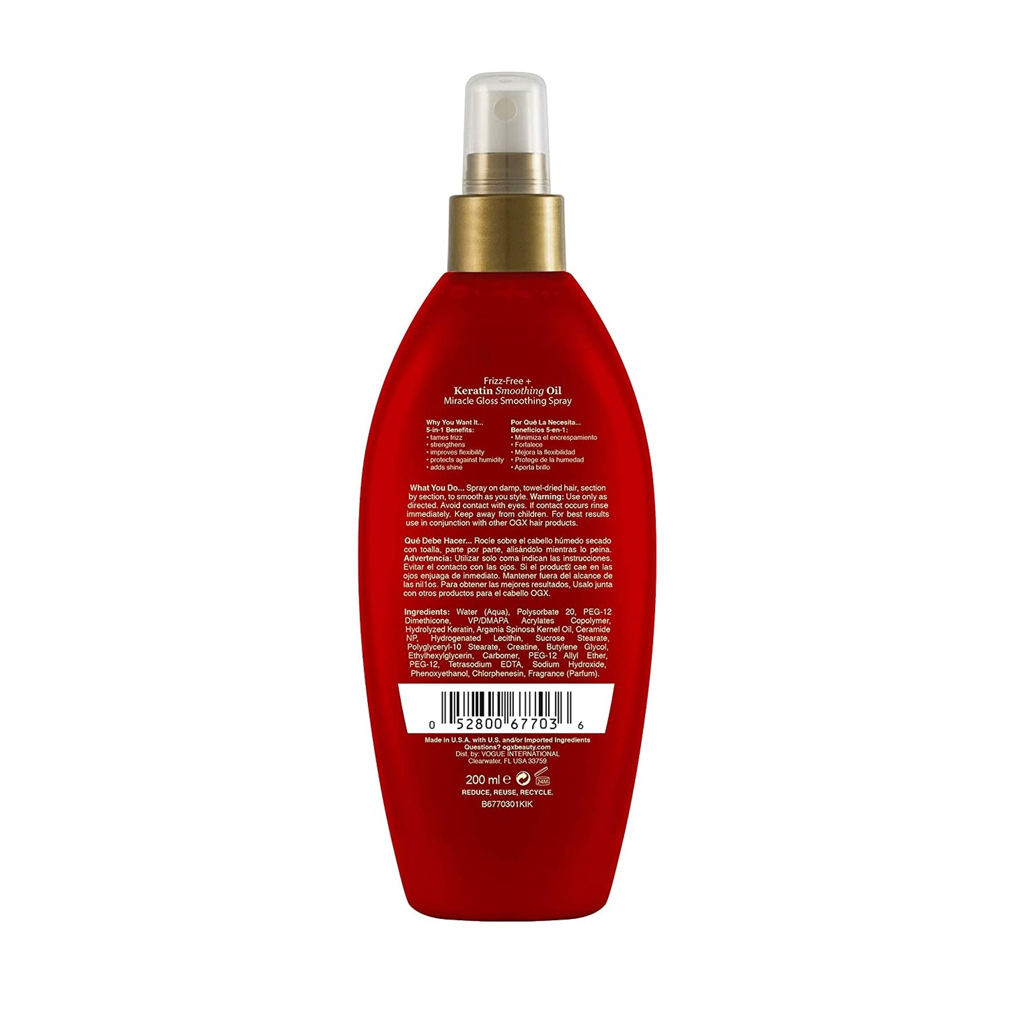 OGX 5-In-1 Benefits Frizz-Free + Keratin Smoothing Oil Miracle Gloss Smoothing Spray, 6.8 fl.oz / 200ml