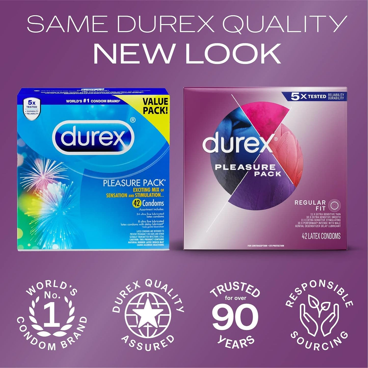 Durex Pleasure Pack Regular Fit 5x Tested Reliability, Durability (42 Latex Condoms)
