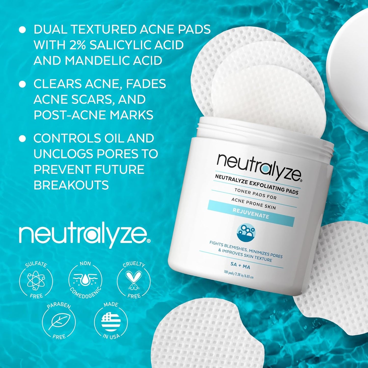 Neutralyze Exfoliating Toner Pads For Acne Prone Skin Rejuvenate, 100 Pads