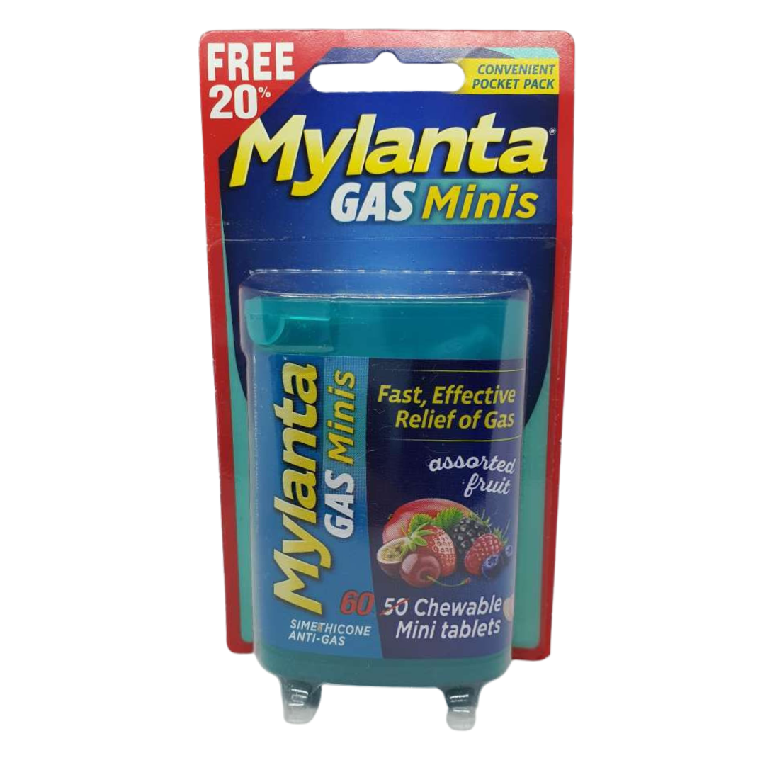 Mylanta Gas Minis Convenient Pocket Pack Assorted Fruit, 60 Chewable Mini Tablets