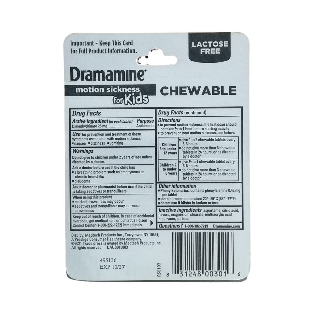 Dramamine Kids Chewable Tablets Grape Flavor 25 mg, 8 Count