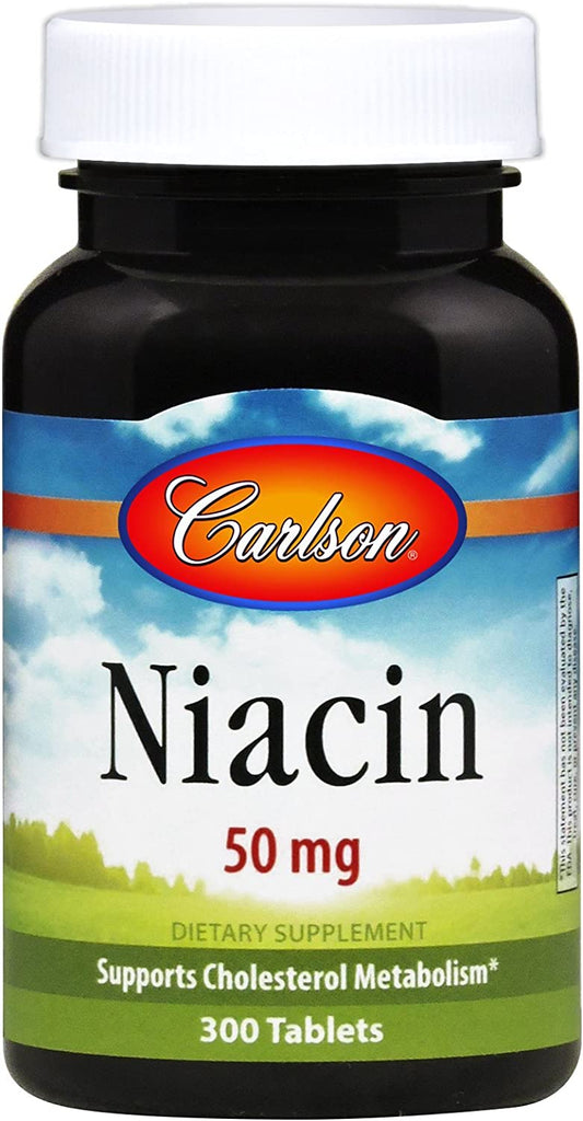 Carlson Niacin Vitamin B3 50 mg, Supports Cholesterol Metabolism, Energy Production, Heart Health,, 300 Tablets