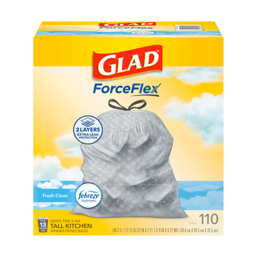 Glad Force Flex Tall Kitchen Drawstring Trash Bags 13 Gallon, Febreze Fresh Clean, 110 Bags