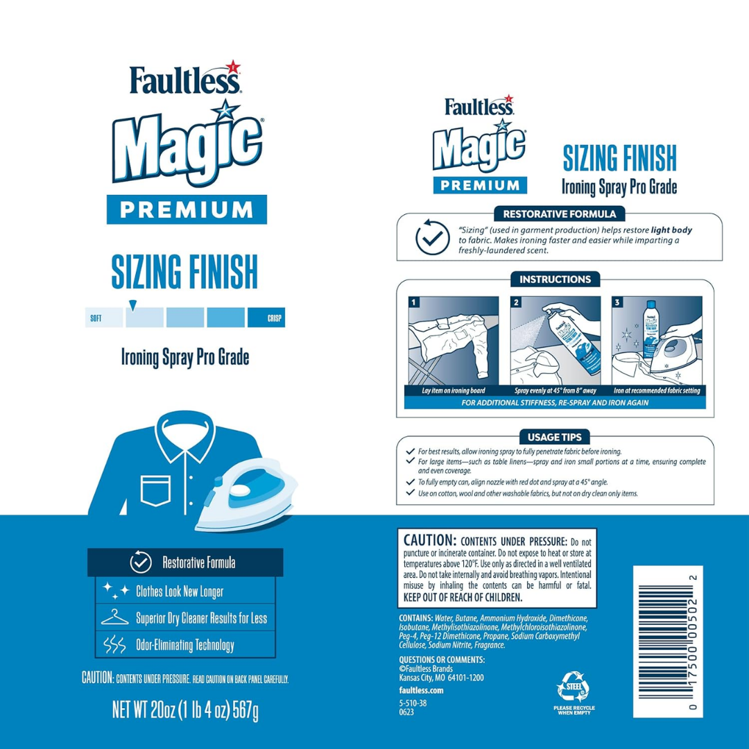 Faultless Magic Premium Sizing Finish Ironing Spray Pro Grade, 20 oz / 567 g