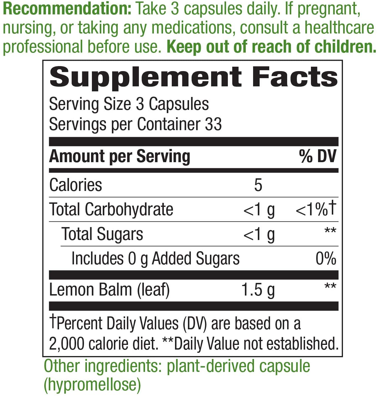 Nature's Way Melissa Lemon Balm Leaf Traditional Sleep Aid, 1500mg Per Serving, 100 Vegan Capsules