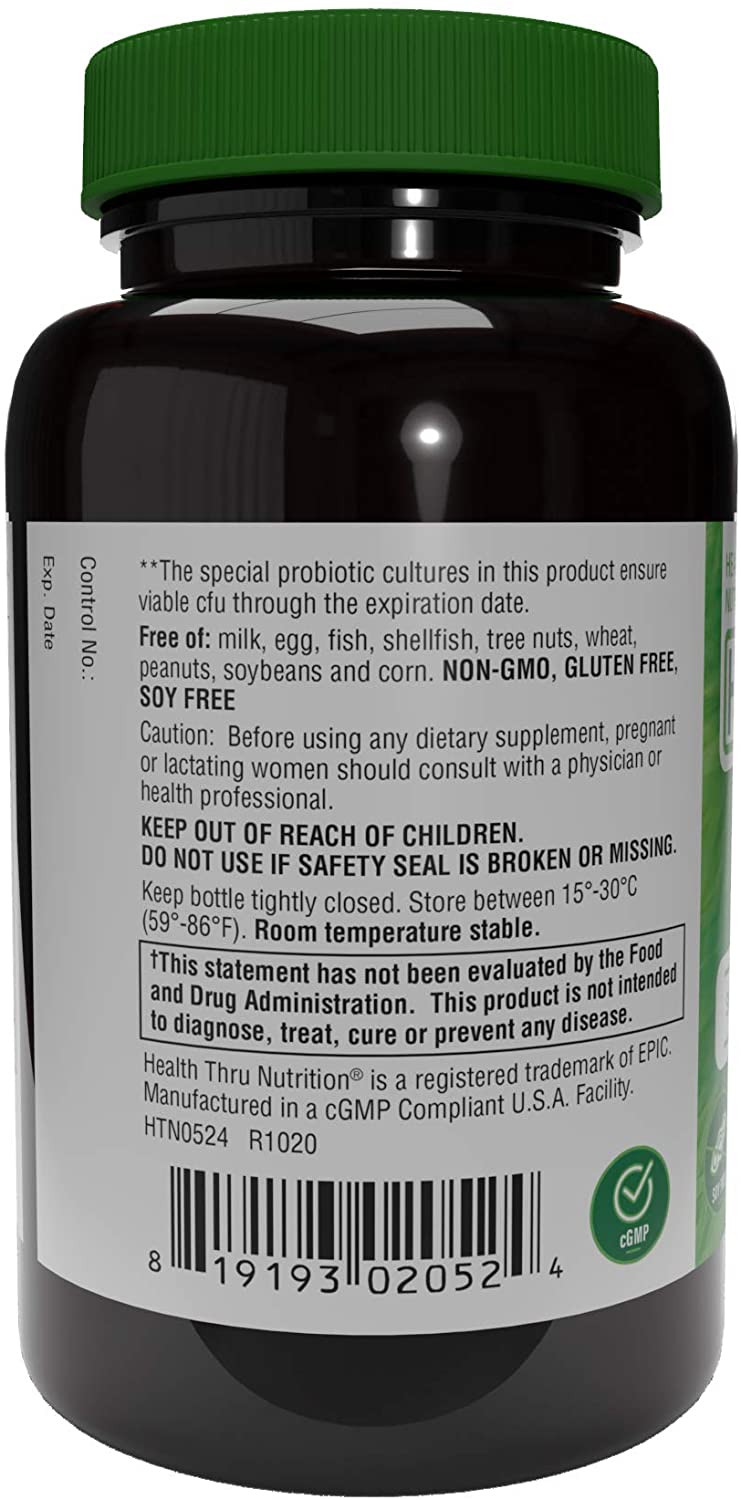 Health Thru Nutrition Probiotics with FOS 10 Billion CFU, 30 Vegecaps Healthy Digestive and Immune System