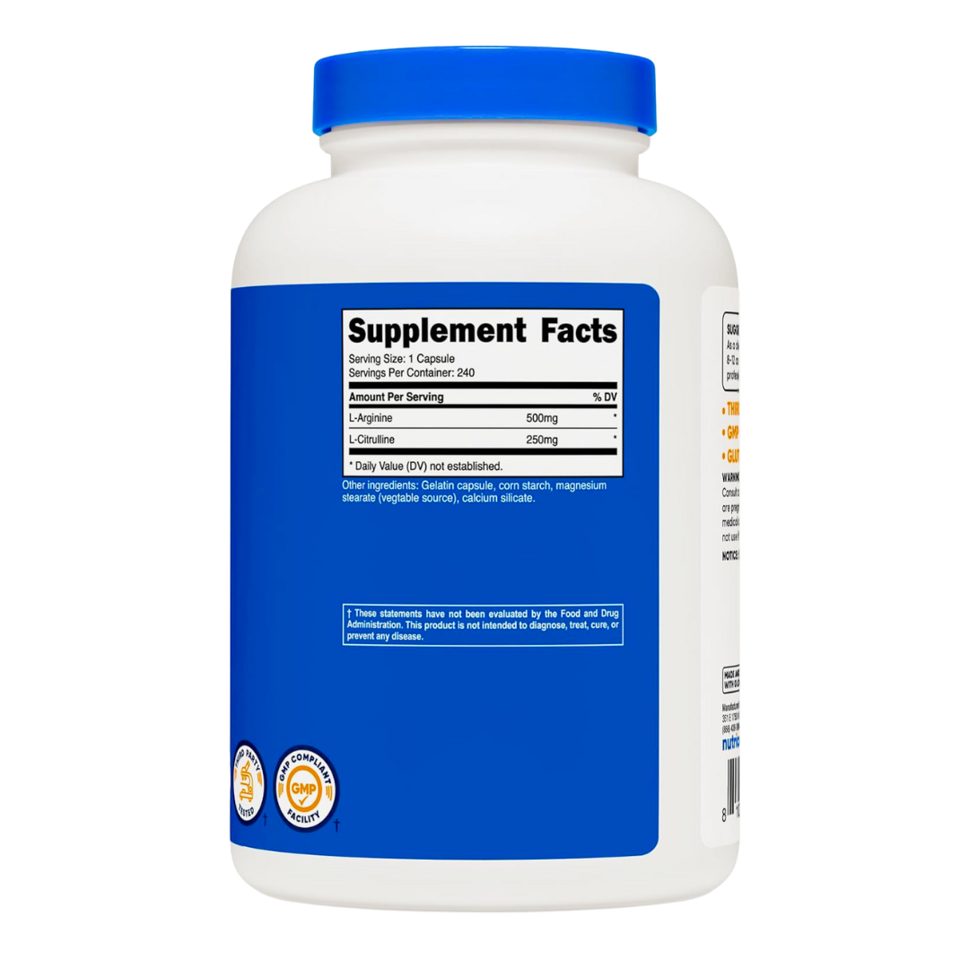 Nutricost L-Arginine + L-Citrulline 750mg Supplement 240 Capsules