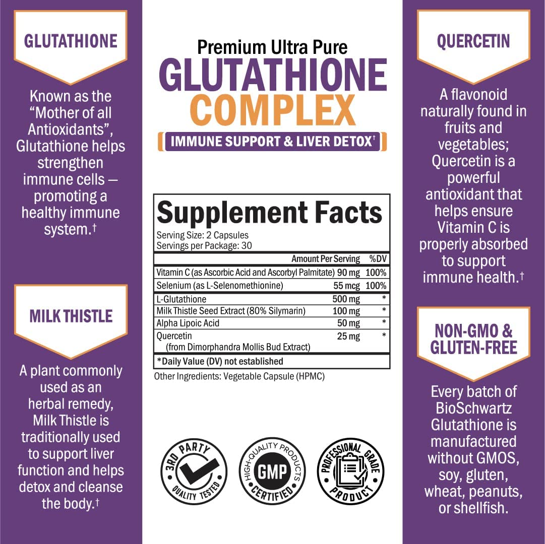 BioSchwartz Premium Ultra Pure Glutathione Complex for Immune Support & Liver Detox 60 Capsules