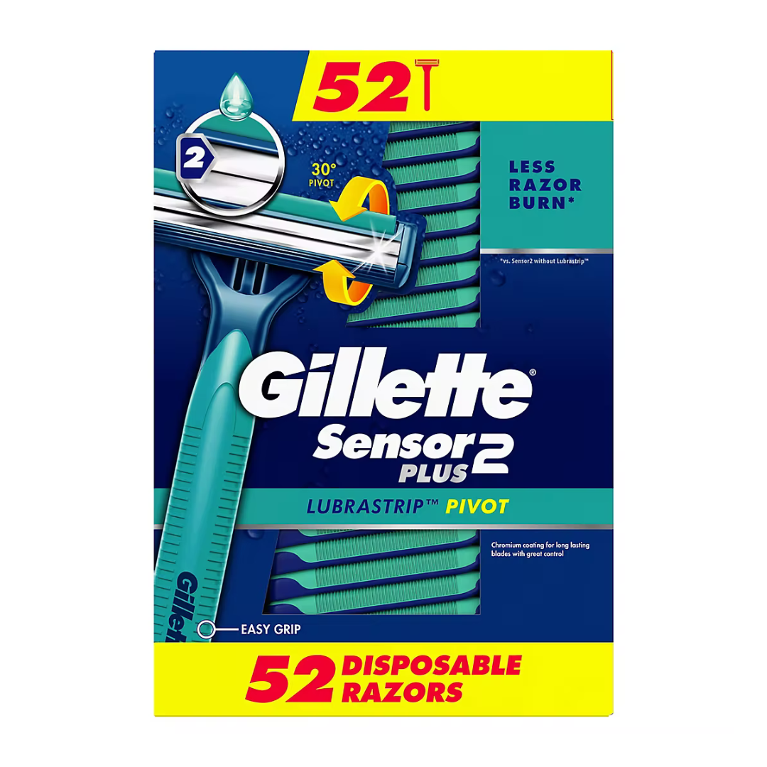 Gillette Sensor 2 Plus Lubrastrip Pivot Men's Easy Grip 52 Disposable Razors