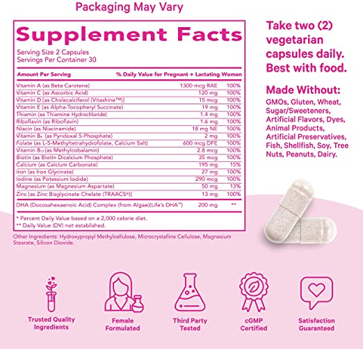 Pink Stork Total Prenatal Vitamins Plus DHA 60 Vegetarian Capsules PACKAGING MAY VARY NO BOX