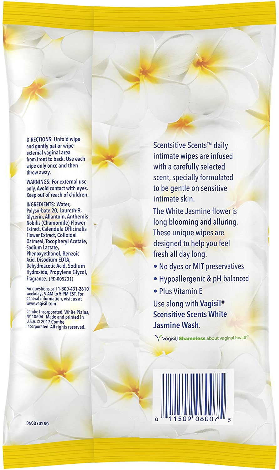 Vagisil Scentsitive Scents Daily Feminine Wipes, White Jasmine, 30 Count in Resealable Pouch