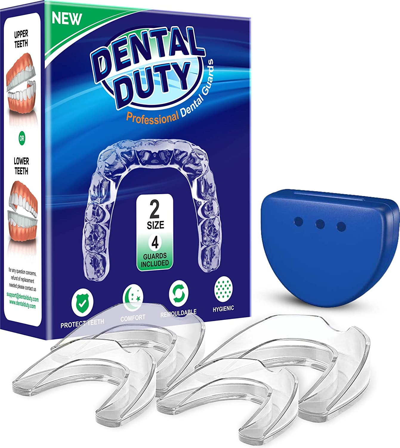 Dental Duty Professional Dental Guards for Teeth Grinding, Bruxism & Teeth Clenching with Antibacterial Dental Guard Case, 2 sizes 4 pieces mouthguard