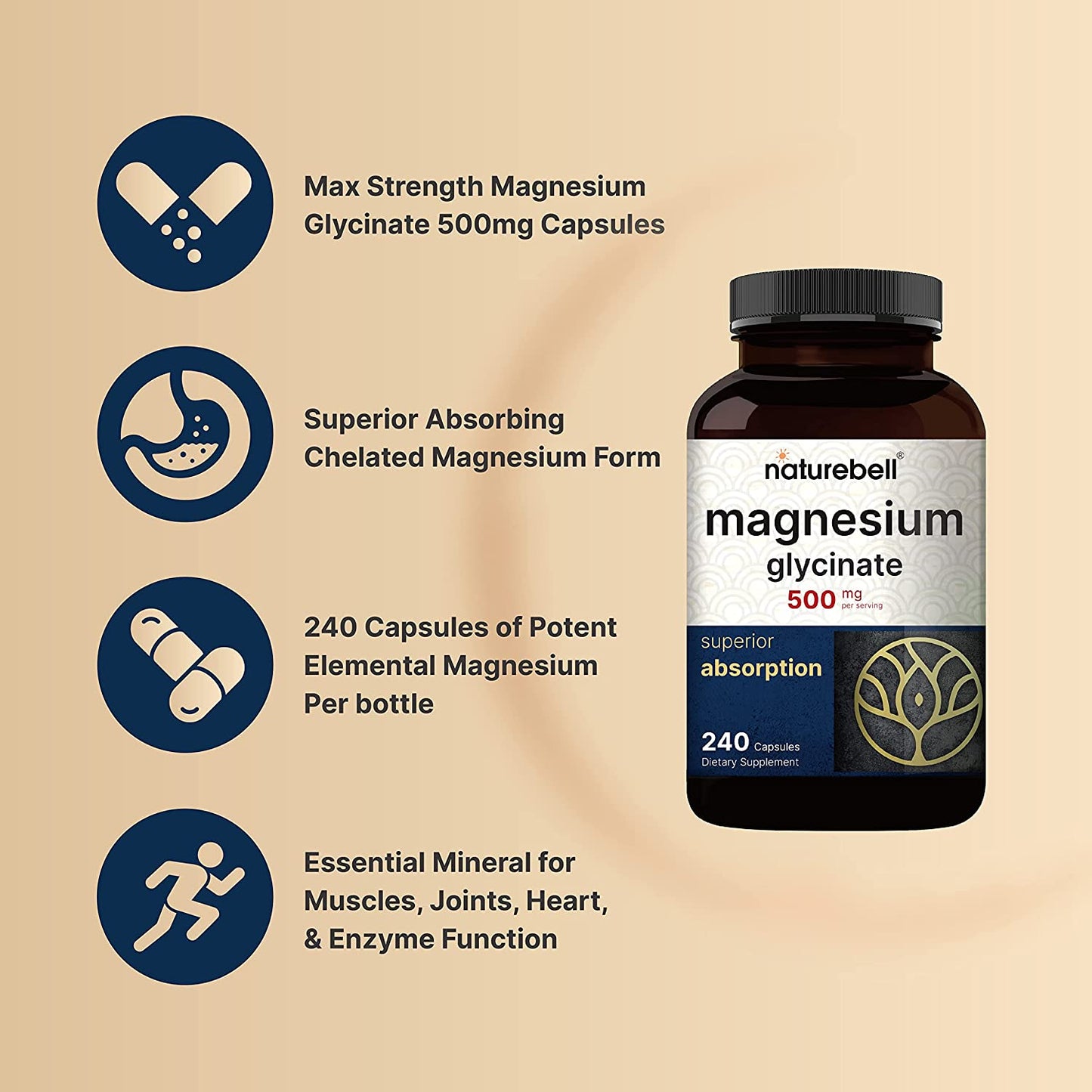 Naturebell Magnesium Glycinate 500mg Supplement  240 Capsules