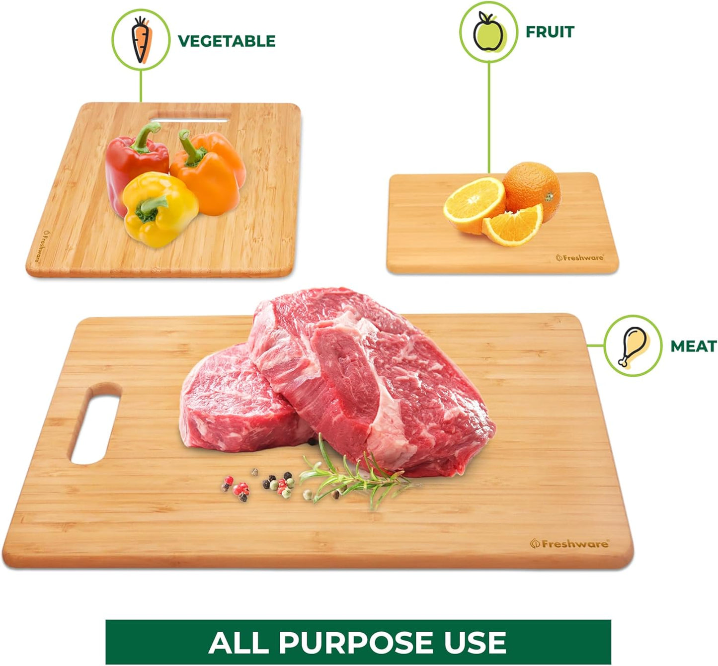 Freshware Bamboo Cutting Boards for Kitchen with Handles, ( Set Of 3 )