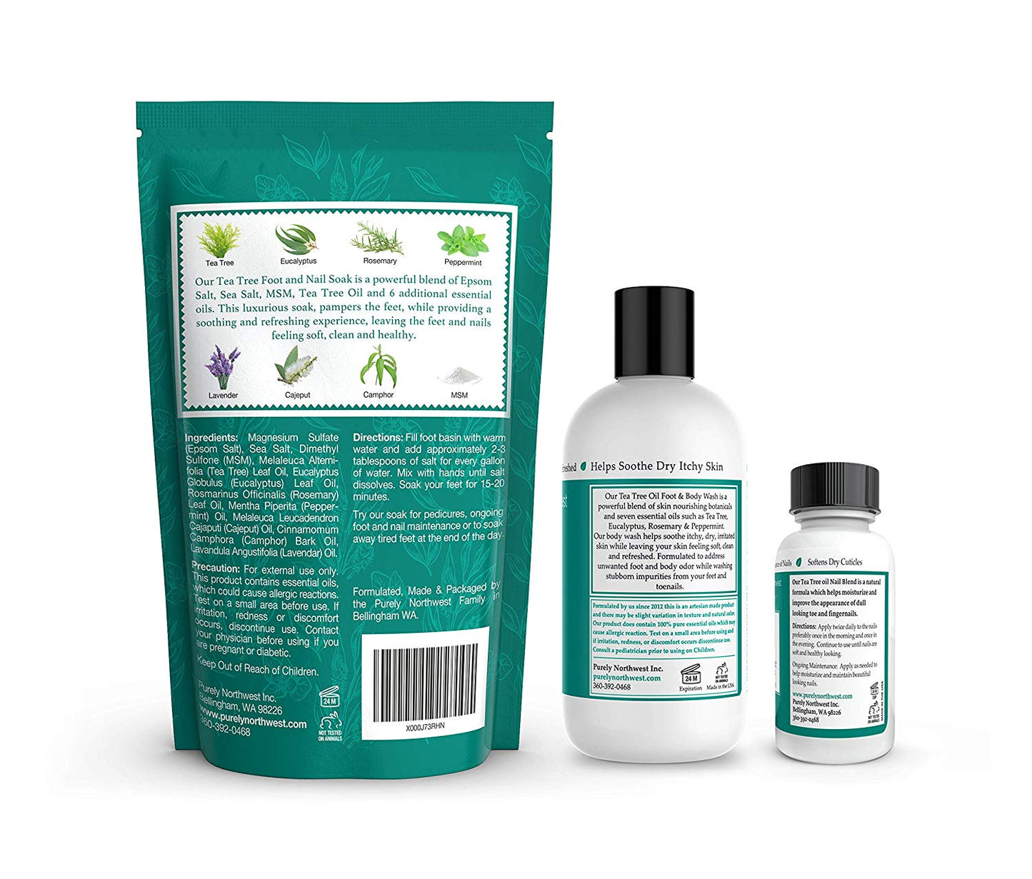 Purely Northwest Foot & Toenail Kit contains Tea Tree Oil Foot Soak, Tea Tree Oil Foot & Body Wash & Tea Tree Nail Blend