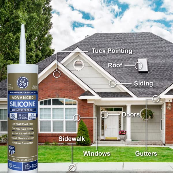 GE Sealants Advanced Silicone 2 for Window & Door Projects 100% Waterproof, 10.1 fl.oz / 299ml