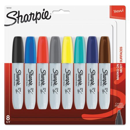 Sharpie Permanent Markers, Broad, Chisel Tip, 8 Pack, Assorted Colors