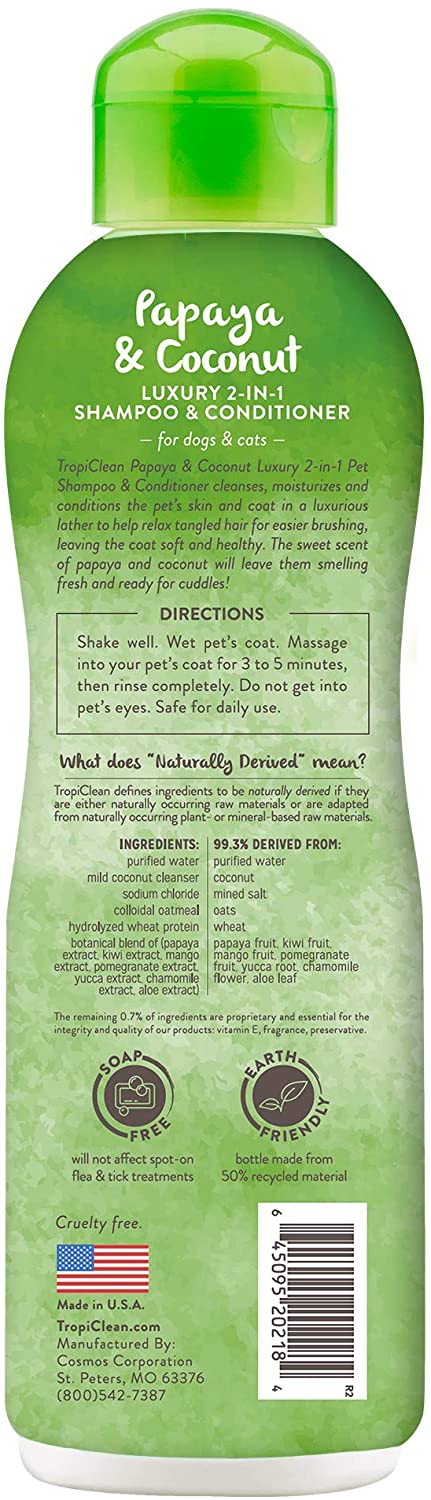 TropiClean Luxury 2-in-1 Pet Shampoo & Conditioner Papaya & Coconut, 20 fl.oz / 592ml