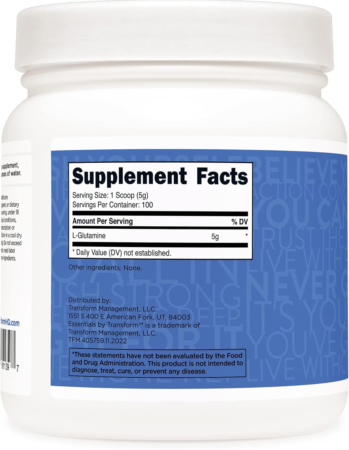 Transform HQ L-Glutamine Pure Powder 5000mg Unflavored Supplement 17.6oz / 500g