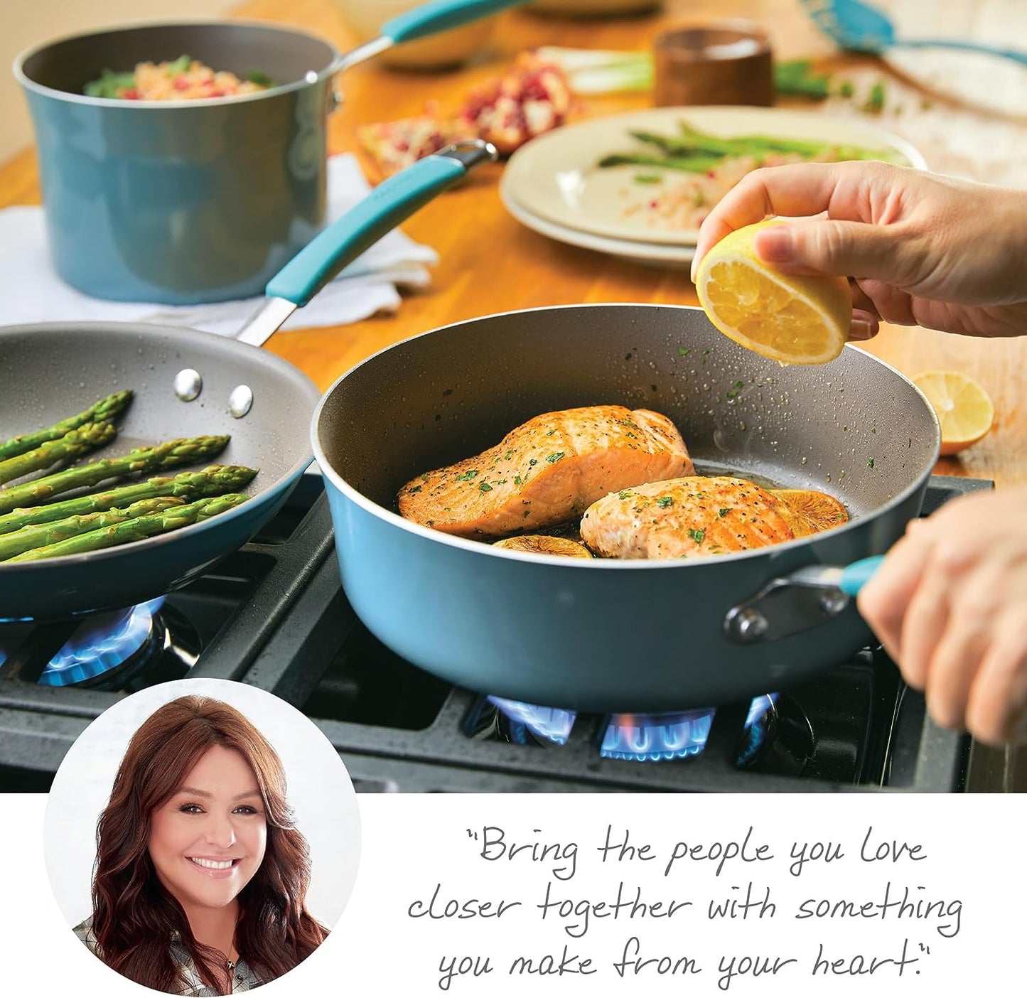 Rachael Ray Cucina Nonstick Cookware Pots and Pans Set, 12 Piece, Agave Blue 7.4kl