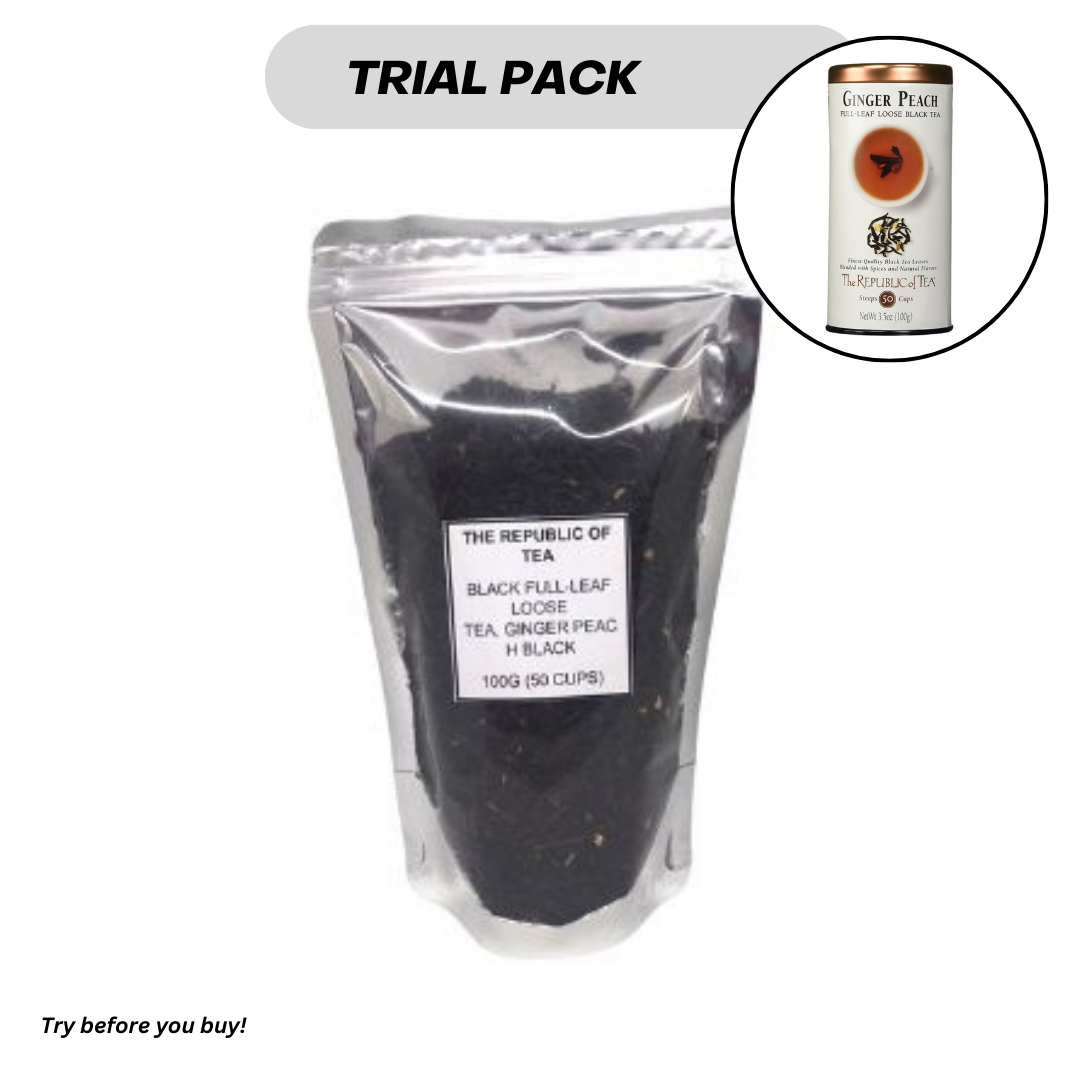 Trial Size The Republic of Tea Black Full-Leaf Loose Tea, Ginger Peach Black 100g, 50 cups PACKAGING MAY VARY