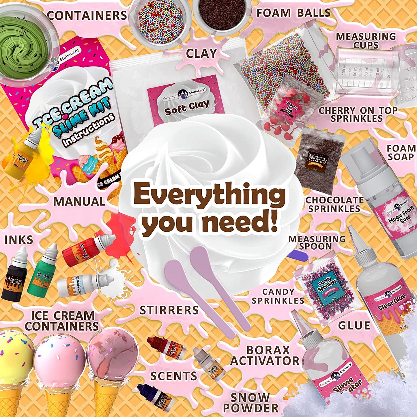 Original Stationery Ice Cream Slime Kit with Chocolate, Vanilla & Strawberry Scent (CLAY NOT INCLUDED)