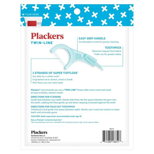 Plackers Twin-Line Cleans Twice As Nice Dental Flossers Cool Mint Flavor 75 Count