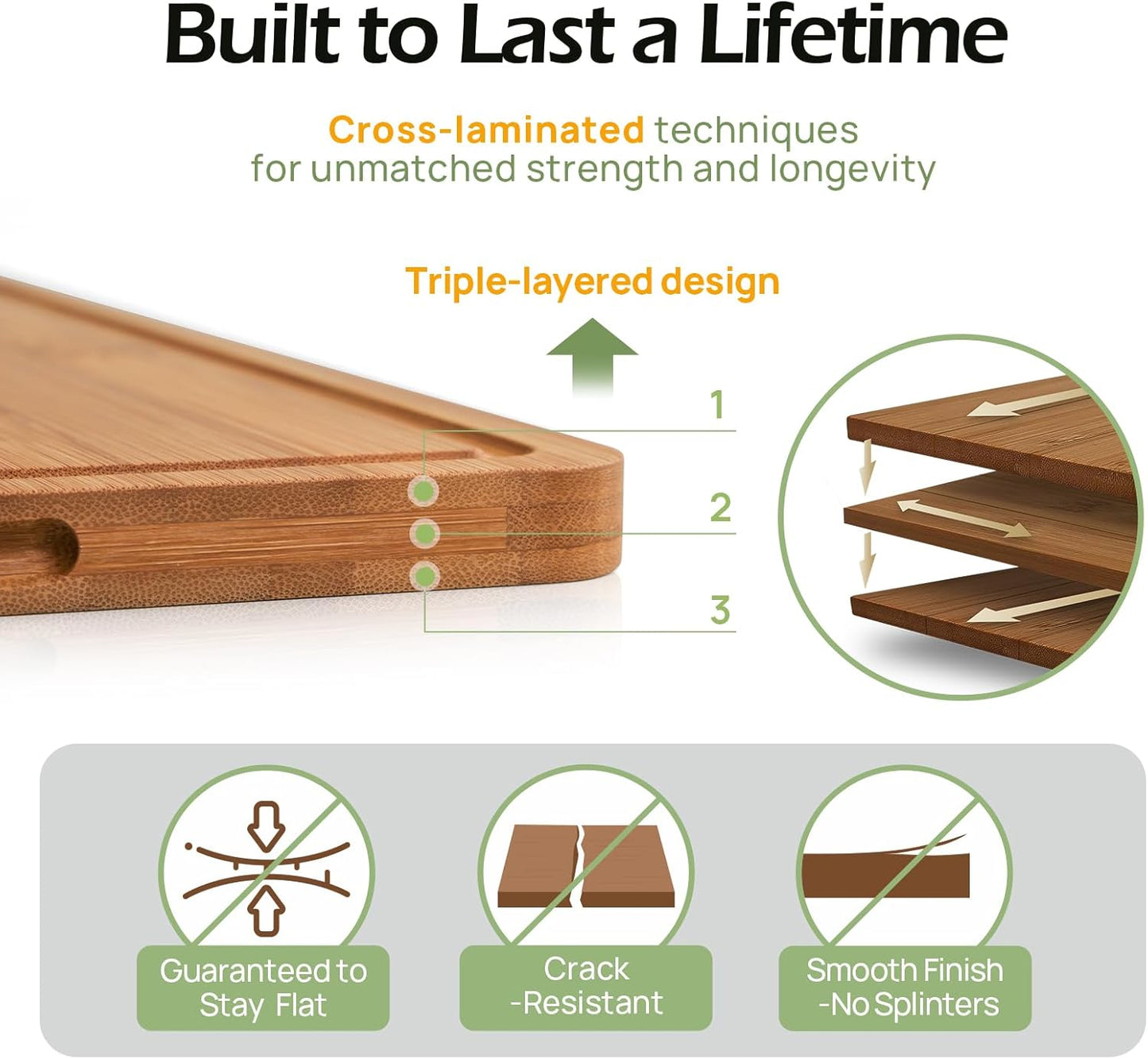 KeeCHEE Bamboo Cutting Board For Kitchen With Deep Juice Grooves & Built-In Handles, 3 Count ( Brown )