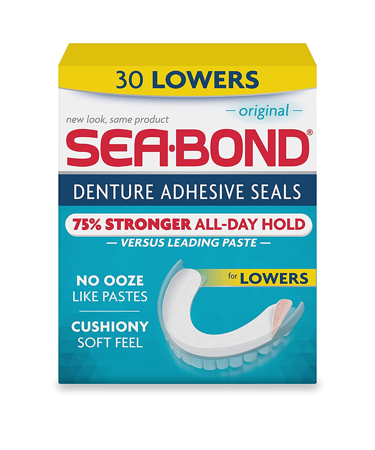 Sea Bond Denture Adhesive Seals for Lowers All-Day Strong Hold, 30 Lowers